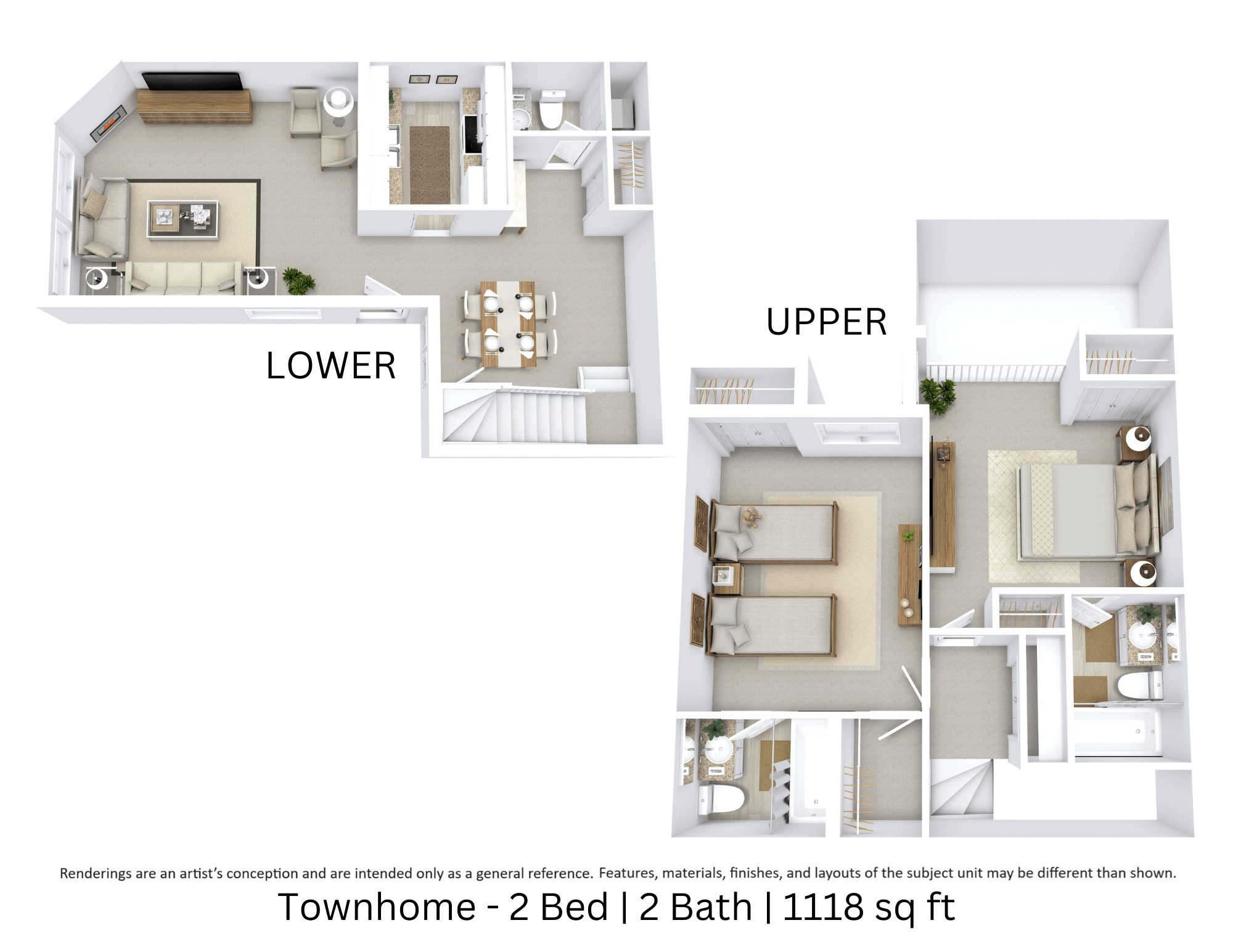 Floor plan for 2 beds, 2.5 baths, 1118 sqft